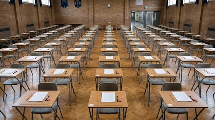 Fototapeta premium An empty exam hall set up for an examination, featuring neatly arranged wooden individual desks and chairs with test papers, pens, and a whiteboard with a digital clock displaying silence guidelines.