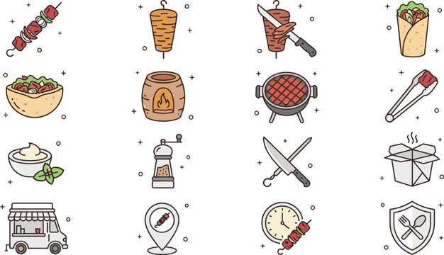 Kebab and Street Food Icon Collection with Grill Shawarma Wrap Barbecue Cooking and Restaurant Symbols Flat Vector Illustration for Menu Design