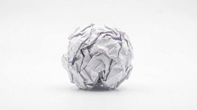 A single round ball made of crumpled white paper sheet discarded and sitting on a flat surface representing a mistake or a new idea being thrown away during a creative work session