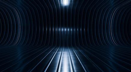 Obraz premium Dark blue metallic tunnel background with bright vertical lights. 3d render