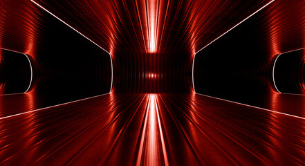 Fototapeta premium Red metallic futuristic tunnel background with glowing perspective lines. 3d render
