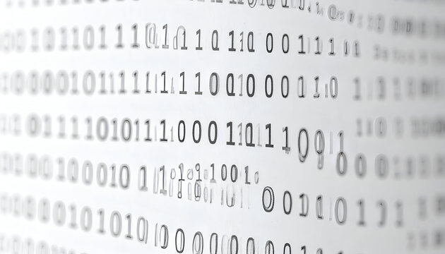Close-up of binary code written in black on a white background, slightly blurred