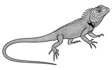 Fototapeta premium Oriental Garden Lizard Basking on Rock – Highly Detailed Black Outline Vector Wildlife Artwork for Coloring Books and Educational Designs