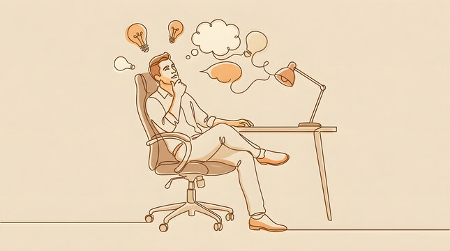 Line art of man brainstorming at office desk.