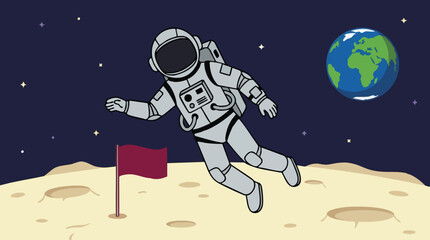 Astronaut floating in space above the moon with Earth visible in background © Hexaview