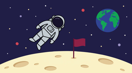 Astronaut floating in outer space near the moon with Earth and a flag © Hexaview