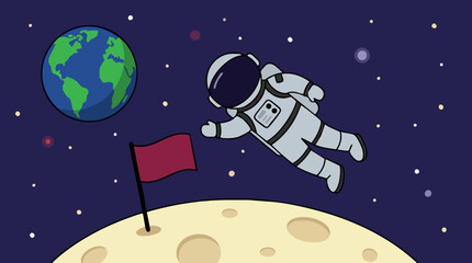 Cartoon astronaut floating near the moon with a flag and Earth in space © Hexaview