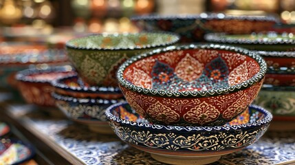 Fototapeta premium Stacked ceramic bowls showcase intricate floral and geometric patterns.