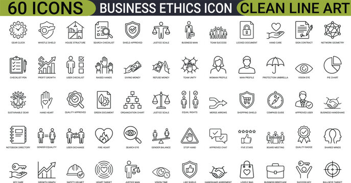 Business ethics moral values line art icons set, justice balance scale, honesty handshake, integrity shield, corporate governance, social responsibility care, Web icon, App icon, Vector EPS file