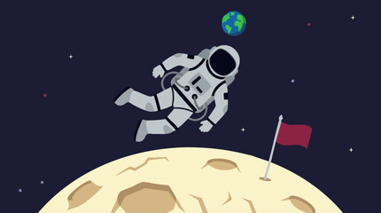Astronaut exploring space near Earth and Moon with flag - Flat design © Hexaview