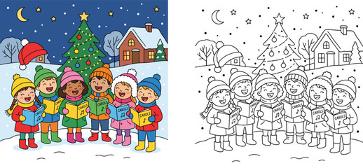 Fototapeta premium Christmas Carolers Children Singing Vector Illustration and Coloring Page Outline, Winter Holiday Kids Choir with Christmas Tree and Snow Night Scene