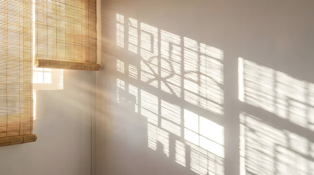 Sunlight shadow patterns on wall through bamboo blinds.
