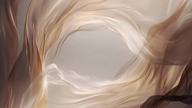 Abstract flowing satin waves in mocha and cream form an elegant frame on a neutral background, suggesting luxury