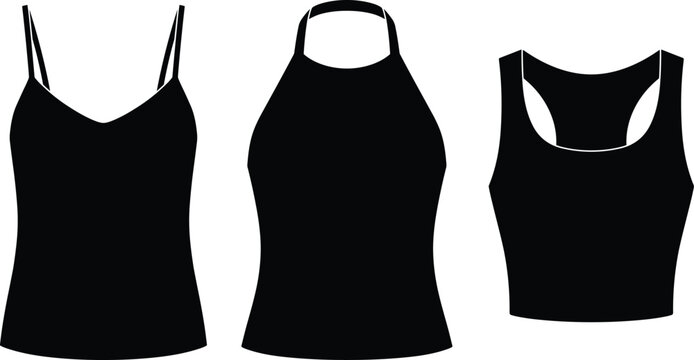 Women tank top icon set featuring black silhouettes of a camisole halter top and crop top vector