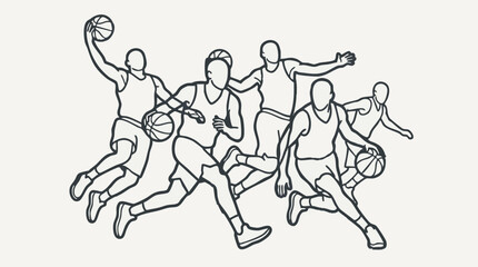 Basketball players in action, dynamic line art illustration © Hexaview