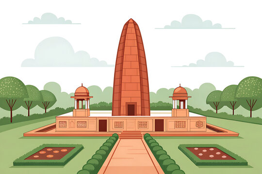 Jallianwala Bagh Memorial, tall flame-shaped memorial surrounded by landscaped gardens, modern minimal vector illustration