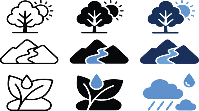 Nature and landscape vector icon set featuring tree, mountains, river, leaves, and rain