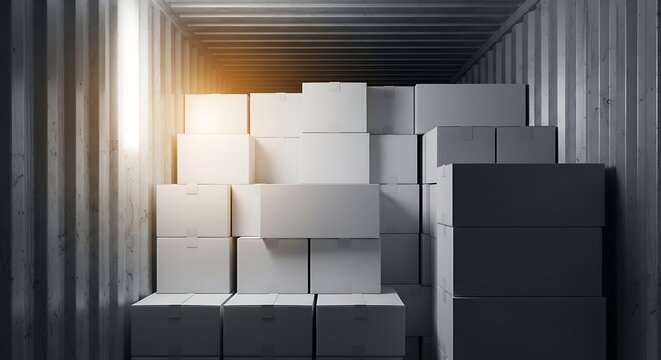 Stacked White Boxes in Metal Shipping Container