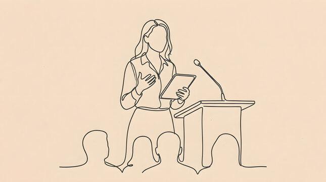 Woman presenting at podium with audience line art drawing.