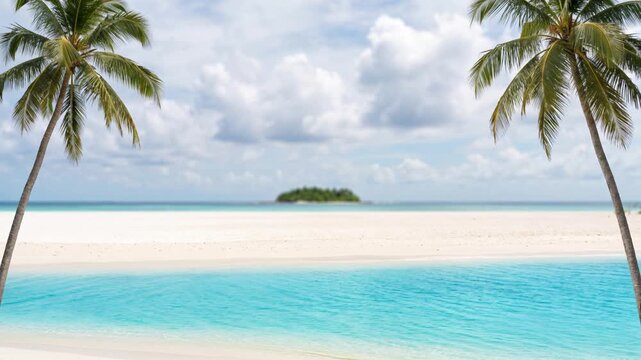 Tropical paradise beach with pristine white sand, tall palm trees, crystal-clear turquoise ocean, fluffy clouds, seamless looping panoramic background, 4K video