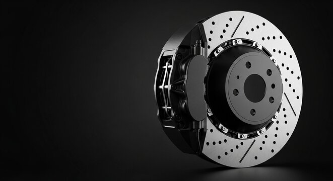 Perforated car brake disc with caliper isolated on black background. Modern automotive spare part for vehicle braking system.