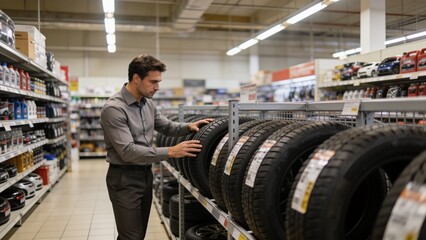 Fototapeta premium Smart male customer choosing new tires in the supermarket for buying. Big shopping mall with car goods.
