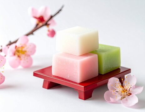 Japanese Hinamatsuri still life with layered hishimochi rice cakes and peach blossoms