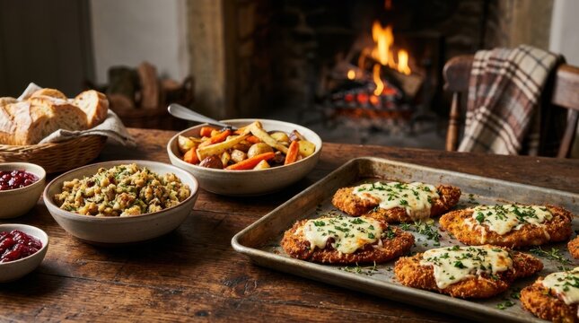 Traditional roasted chicken dinner with vegetables and stuffing