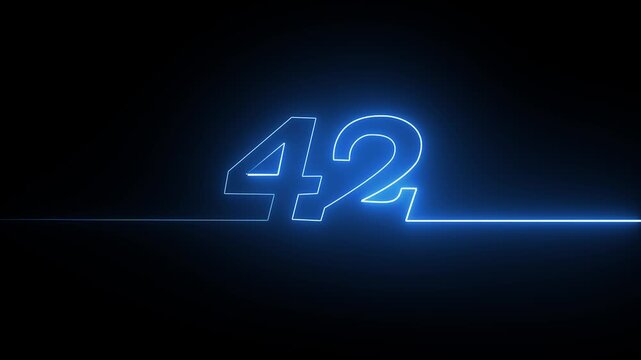 Number 42 glowing neon blue light sign on a dark black background