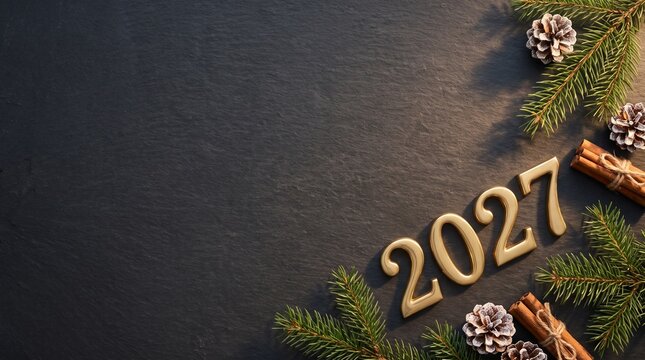 Top view dark slate surface with gold 2027 numbers and festive pine frame with copy space, generative AI