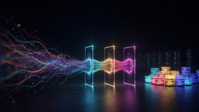 Colorful energy waves pass through three glass portals before reaching a pile of glowing cubes in a dark studio setting.