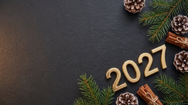 Dark slate flatlay background with golden 2027 numbers pine branches and cinnamon sticks, generative AI