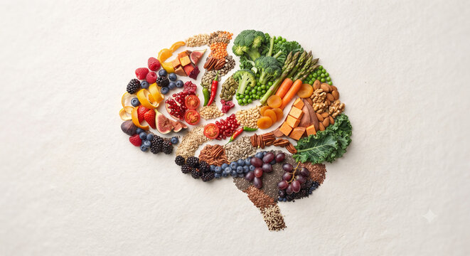 Creative healthy nutrition brain concept made from fruits vegetables grains nuts and seeds symbolizing balanced diet brain health and wellness