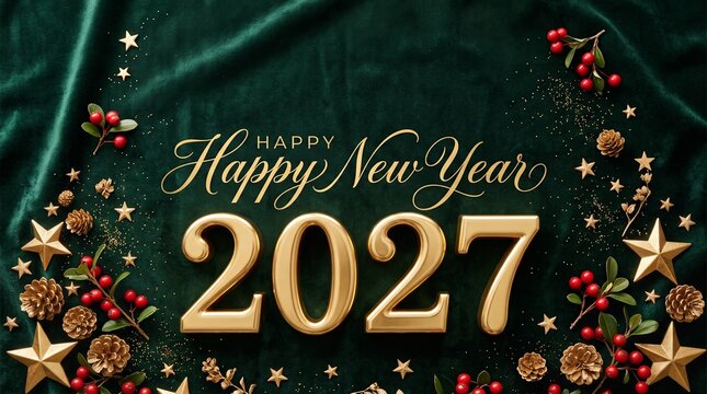 Luxury gold Happy New Year 2027 typography on green velvet with christmas decorations, generative AI