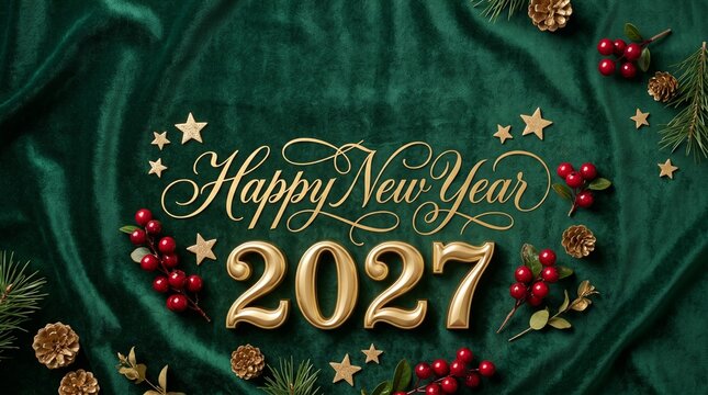 Top view Happy New Year 2027 gold calligraphy on dark green velvet with festive frame, generative AI
