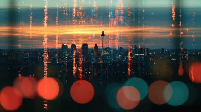 Abstract cityscape with digital rain effect at sunset, blurred foreground