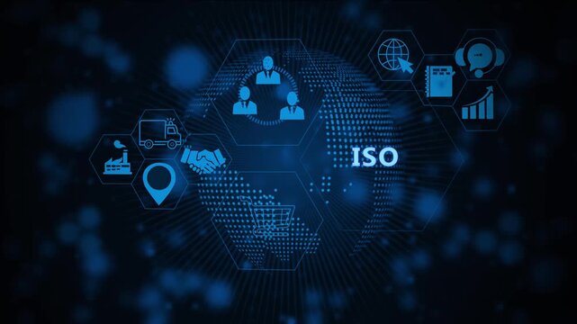 Digital iso certification standards concept with animated global network corporate compliance infographic, business management system, data visualization for enterprise solutions