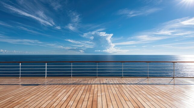 Sunny ocean view from ship deck with wooden floor and railing
