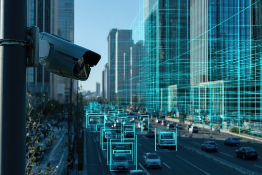 Security camera monitors traffic with AI object detection in city