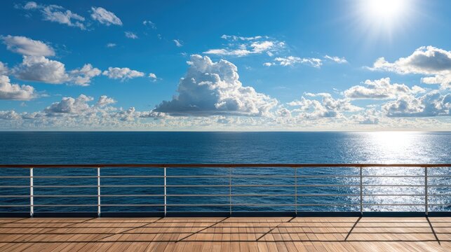 Sunny day at sea, viewed from a ship's deck with wooden planks