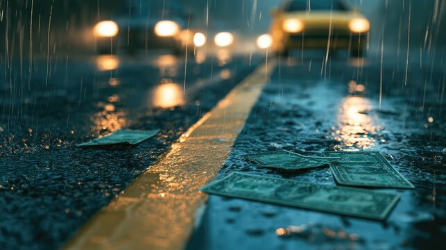 Wet road with scattered currency under car lights during rain