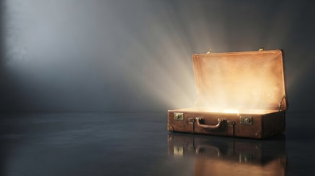 Glowing Mysterious Vintage Suitcase Emitting Brilliant Light On Dark Reflective Background With Copy Space