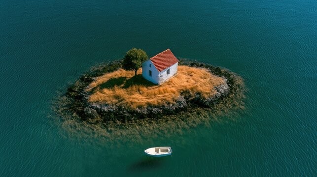 A solitary dwelling rests on a small island, with a lone boat adrift
