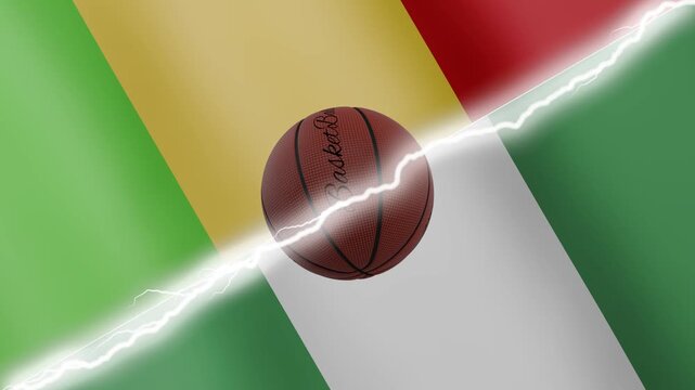 Spinning basketball ball against waving flags Nigeria and Mali separated by a diagonal electric effect, seamless 4k loop