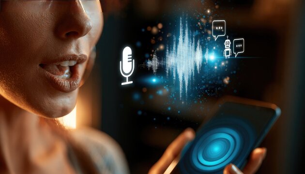 Woman speaking into smartphone displaying voice command waveform and icons