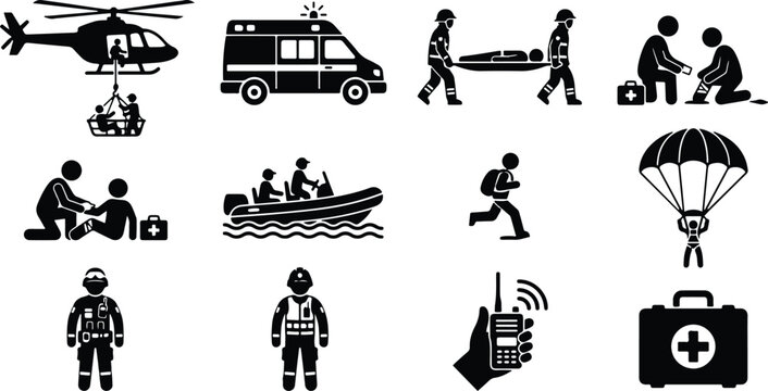 A collection of black and white emergency service icons representing search and rescue operations medical aid and disaster response teams