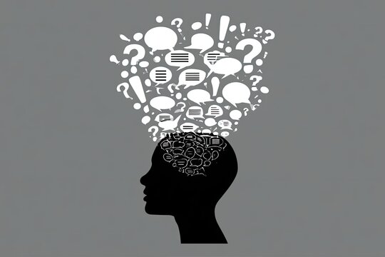 Silhouette of a head with thought bubbles, questions, and exclamation marks