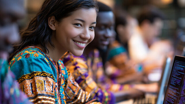 Group of students wearing traditional colorful patterned clothing seated in a row using laptops in a computer class, multicultural digital education concept, with copy space