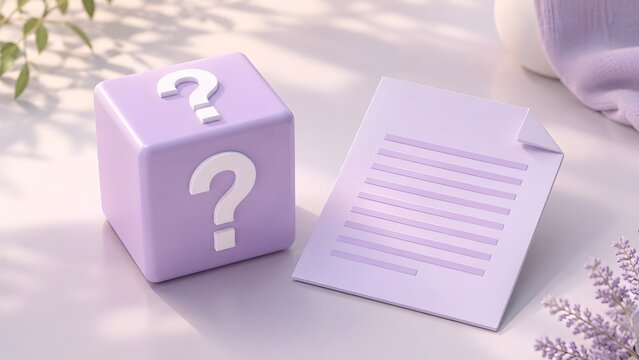 Pastel purple 3D cube with question marks next to document paper representing FAQ customer service and information inquiry