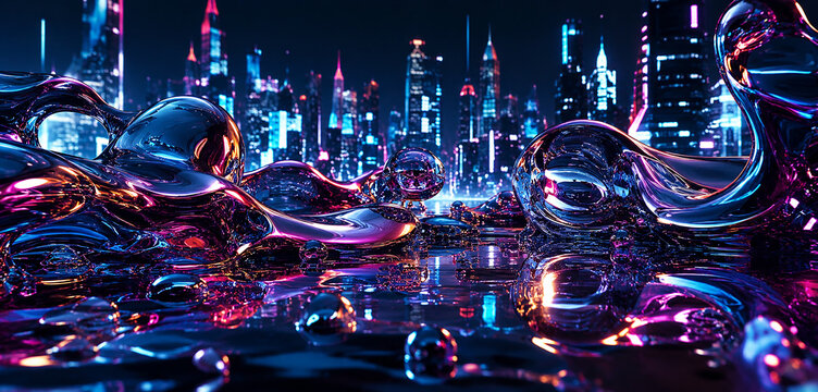 Futuristic Reflective Liquid Metal Waves with Neon City Skyline Background